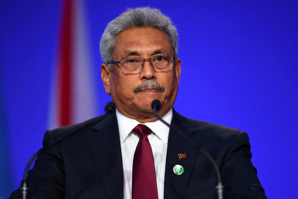 Sri Lanka's President Gotabaya Rajapaksa presents his national statement as a part of the World Leaders' Summit at the UN Climate Change Conference (COP26) in Glasgow, Scotland, Britain, on Nov. 1, 2021. (Andy Buchanan/Pool via Reuters)