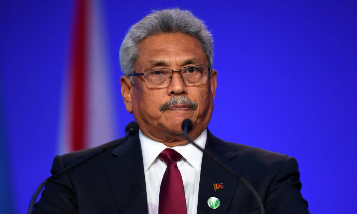 Sri Lanka's President Gotabaya Rajapaksa presents his national statement as a part of the World Leaders' Summit at the UN Climate Change Conference (COP26) in Glasgow, Scotland, Britain, on Nov. 1, 2021. (Andy Buchanan/Pool via Reuters)