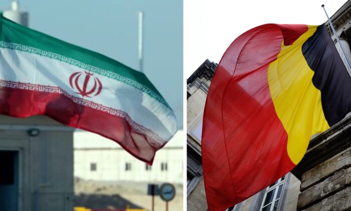 An Iranian flag in Bushehr, Iran, on Nov. 10, 2019. (Atta Kenare/AFP via Getty Images); A Belgian flag flies at the Federal Parliament in Brussels, on March 24, 2016. (Yorick Jansens/Belga/AFP via Getty Images)