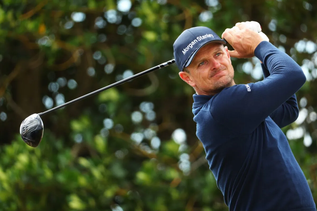 Justin Rose of England tees off the 3rd during a practice round prior to The 150th Open at St Andrews Old Course in St Andrews, Scotland, on July 13, 2022. (Andrew Redington/Getty Images)