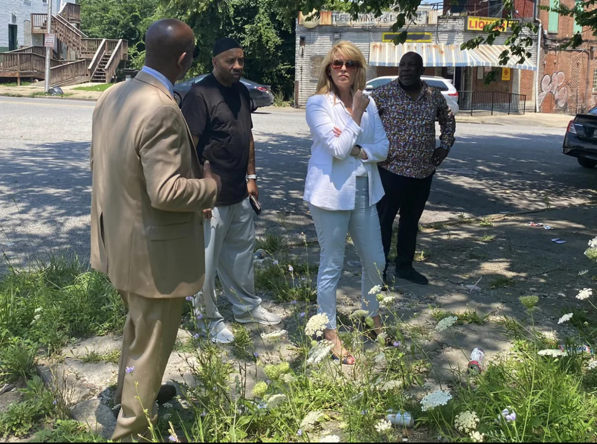 Maryland Republican gubernatorial candidate Kelly Schultz meets with residents in Baltimore’s Rosemont neighborhood on July 12, touting her plan “to get these streets safe again,” which is “the quickest way to get businesses back, the quickest way to get people good-paying jobs, and to give people opportunities to succeed.” (Courtesy of Kelly Schulz for Governor)