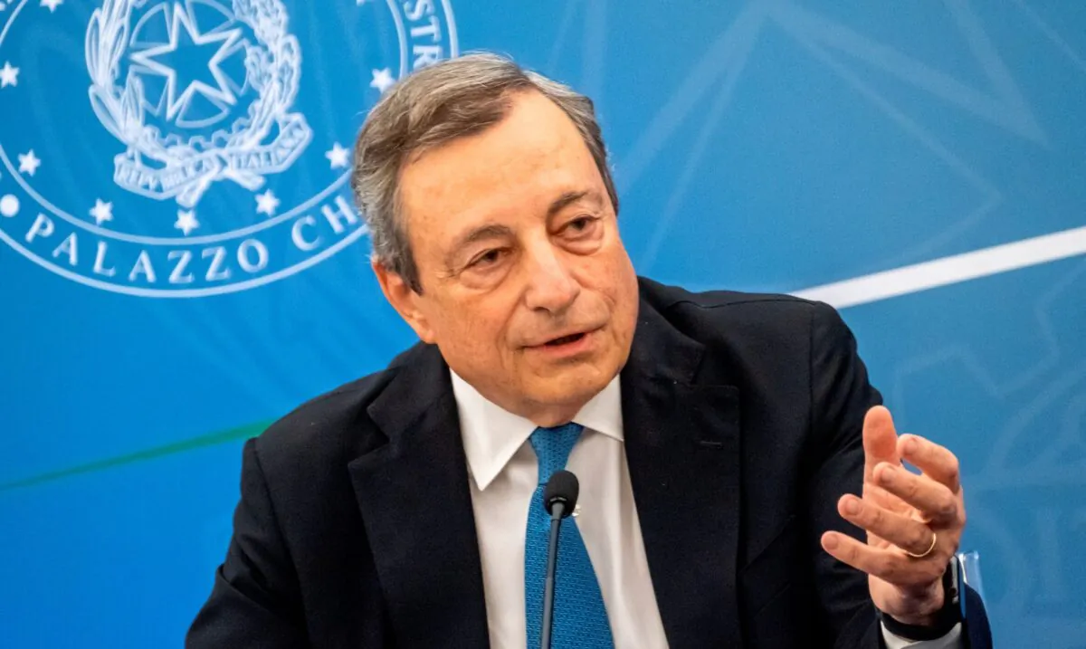 Italian Premier Mario Draghi meets the media in Rome on July 12, 2022. (Mauro Scrobogna/LaPresse via AP)