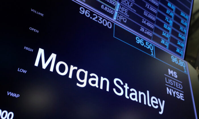 The logo for Morgan Stanley is seen on the trading floor at the New York Stock Exchange (NYSE) in Manhattan, New York on Aug. 3, 2021. (Andrew Kelly/Reuters)