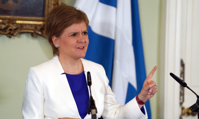 First Minister Nicola Sturgeon speaks at a press conference to launch a second independence paper at Bute House in Edinburgh, Scotland, on July 14, 2022. (Andrew Milligan - Pool/Getty Images)