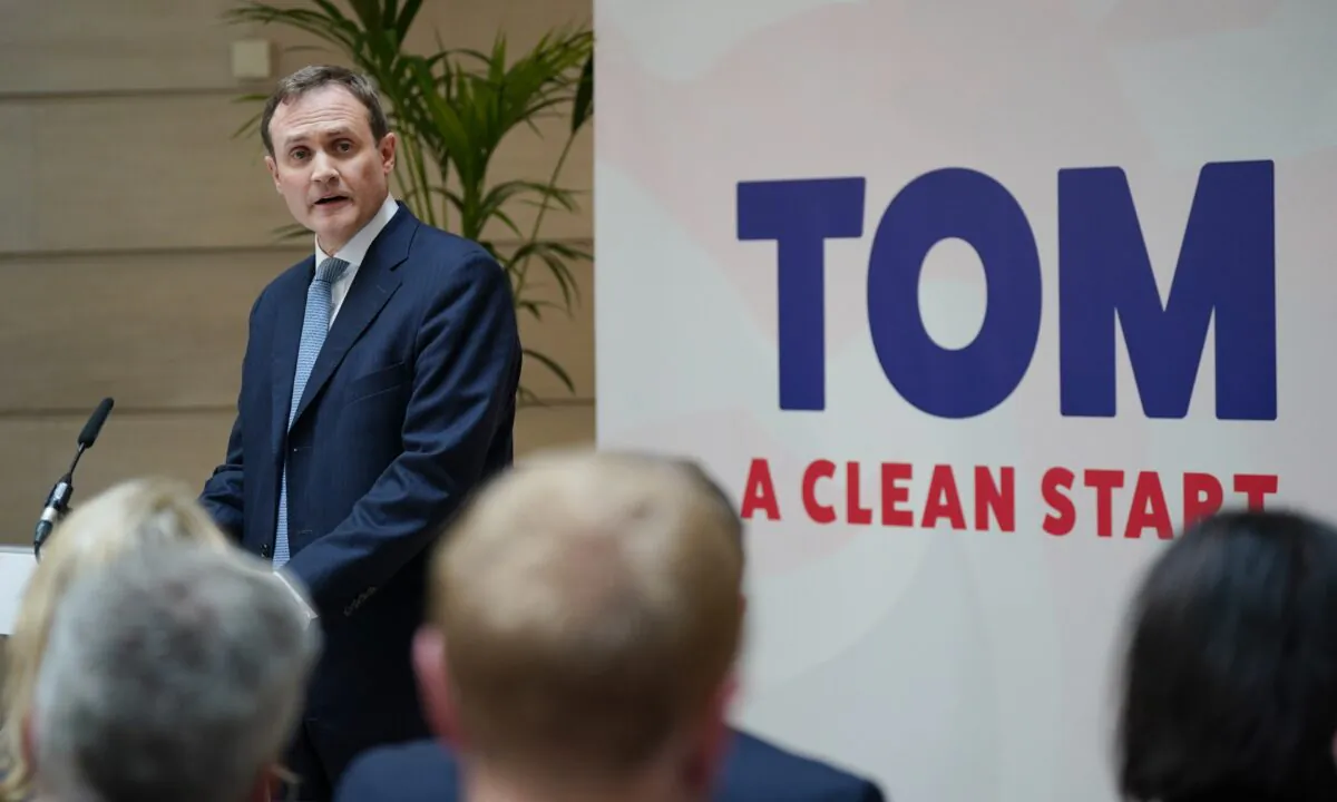 Tom Tugendhat speaking at the launch of his campaign to be Conservative Party leader and Prime Minister, at 4 Millbank, London, on July 12, 2022. (Yui Mok/PA Media)