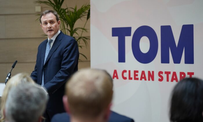 Tom Tugendhat speaking at the launch of his campaign to be Conservative Party leader and Prime Minister, at 4 Millbank, London, on July 12, 2022. (Yui Mok/PA Media)