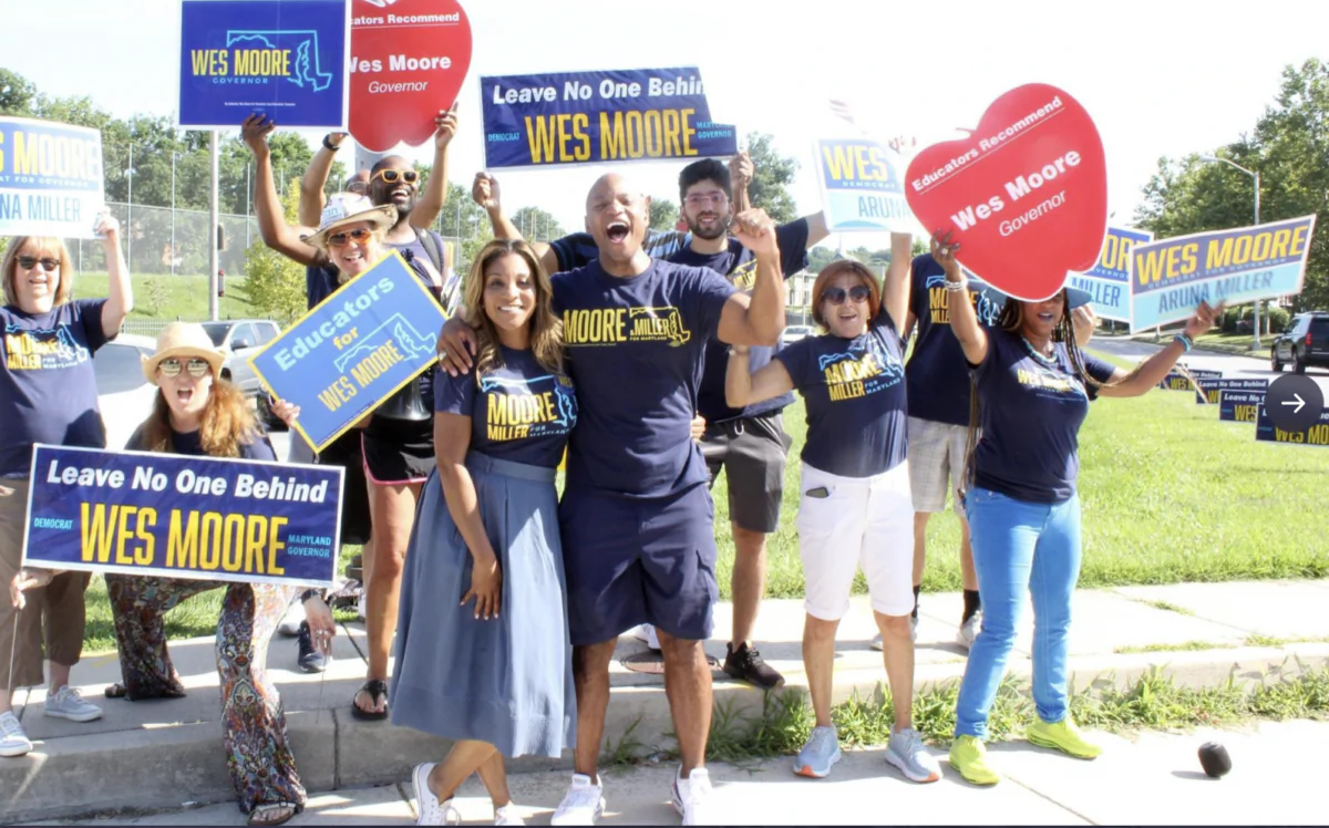 Maryland Democratic gubernatorial candidate Wes Moore, a first-time candidate boosted by Oprah Winfrey, and his wife, Dawn, campaigns in Baltimore on July 13, less than week before facing off with eight party rivals in the July 19 primary. (Courtesy of Wes Moore for Maryland Governor)
