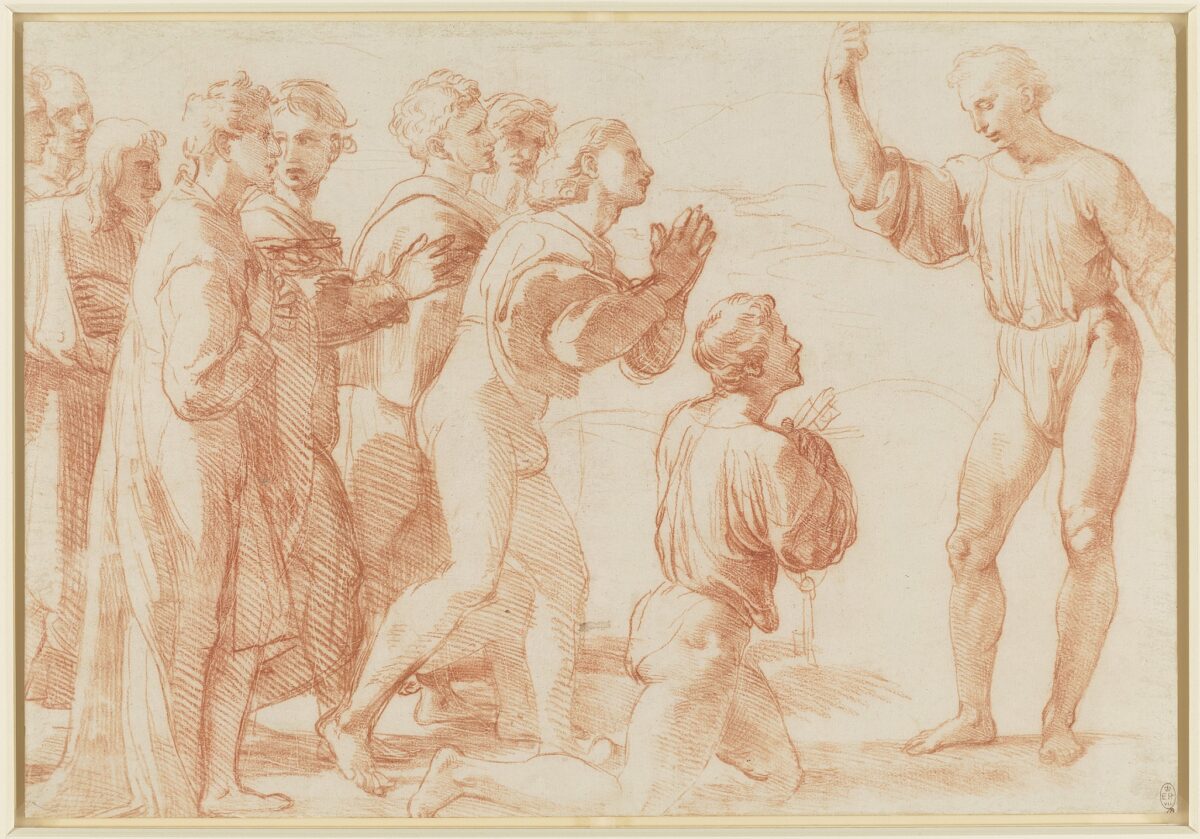 “Study for the Charge to Peter,” circa 1515–16, by Raphael. Offset from a drawing in red chalk over stylus indentation; 10 1/8 inches by 14 3/4 inches. Lent by Her Majesty The Queen, Royal Collection Trust. (Her Majesty Queen Elizabeth II 2022)