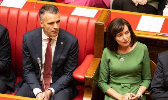 The Premier of South Australia Peter Malinauskas (L) and Deputy Leader Susan Close (R) listening to the Governor’s speech for the opening of the South Australian Parliament in Adelaide, Kaurna Yerta, Tuesday, May 3, 2022. (AAP Image/Morgan Sette)