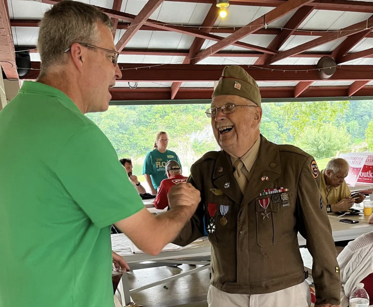 Maryland Congressional District 6 Republican candidate Neil Parrott, who has served 12 years in the state’s General Assembly, shakes hands with World War II U.S. Army veteran Jack Myers on July 9 at the Williamsport American Legion in  Maryland.  (Courtesy of Neil Parrott for Congress)