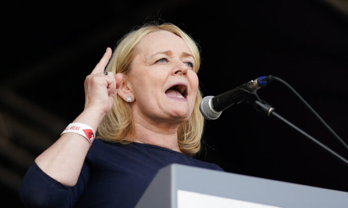 Sharon Graham, general secretary of Unite, speaks at Durham Miners’ Gala in Durham, England, on July 9, 2022. (Ian Forsyth/Getty Images)