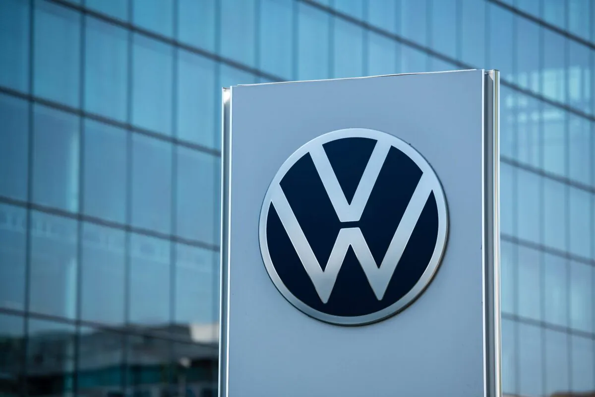The logo of German car maker Volkswagen at the company's "Die Gläserne Manufaktur" (The transparent factory) in Dresden, eastern Germany, on Sept. 11, 2020. (Jens Schlueter/AFP via Getty Images)