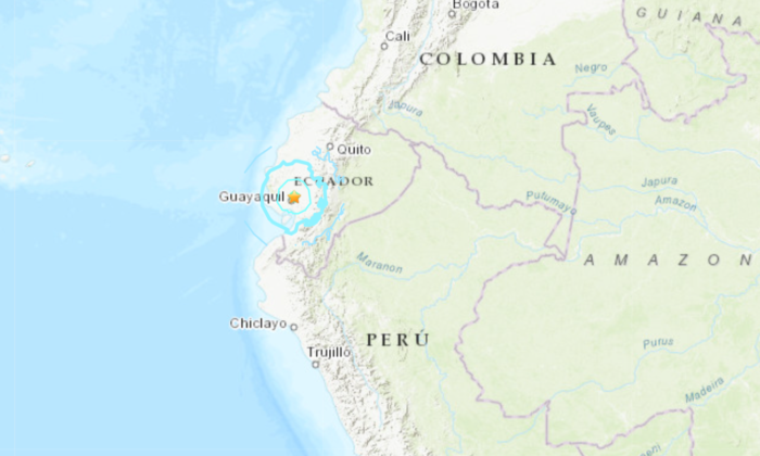 On July 14, 2022, a magnitude 5.7 earthquake struck northeast of Guayaquil Port in Ecuador. The screenshot was taken on July 15, 2022.  (Screenshot via USGS / Epoch Times)