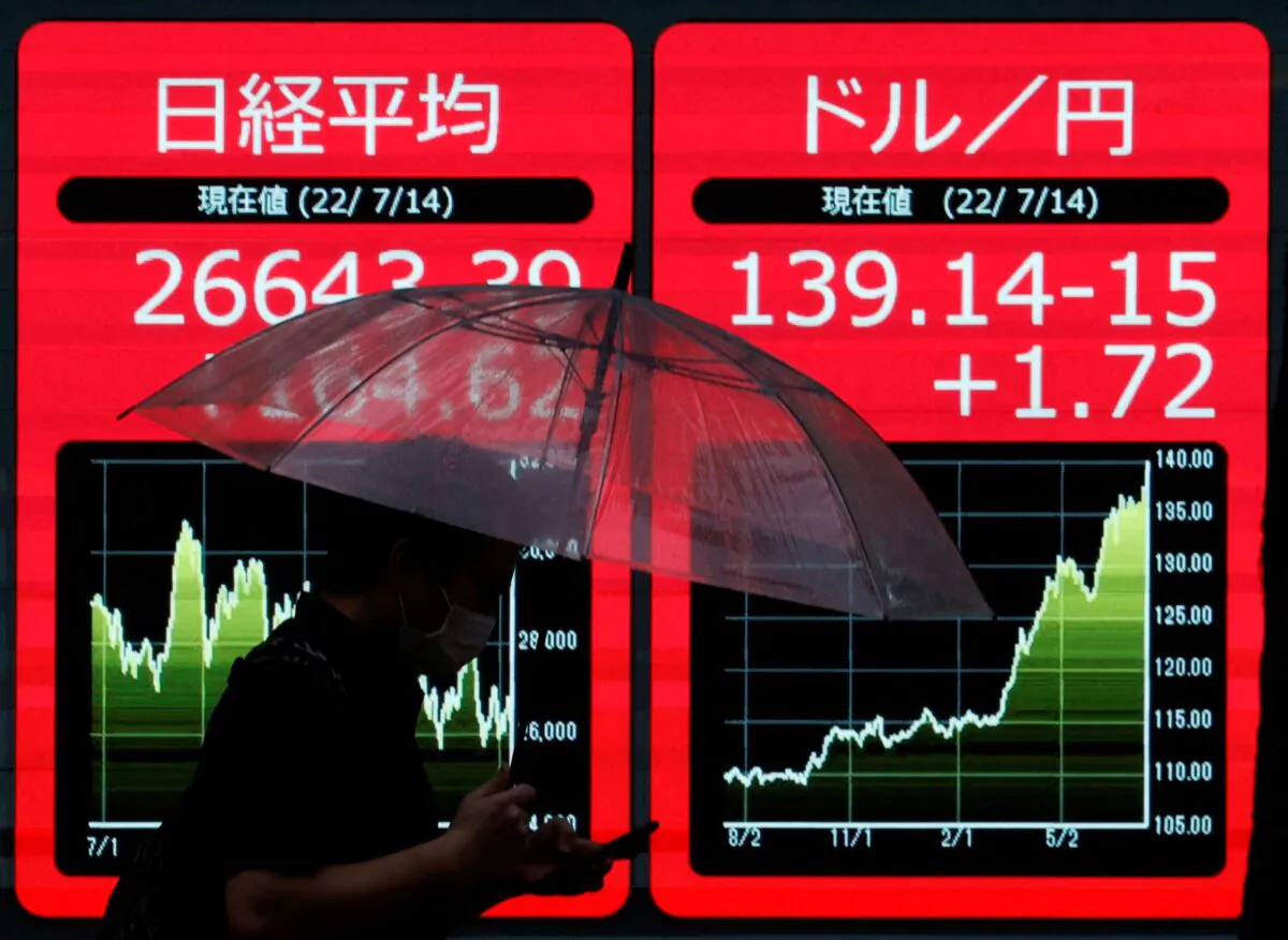 A man holding an umbrella is silhouetted as he walks in front of an electric monitor displaying the Japanese yen exchange rate against the U.S. dollar and Nikkei share average in Tokyo, Japan, on July 14, 2022. (Issei Kato/Reuters)