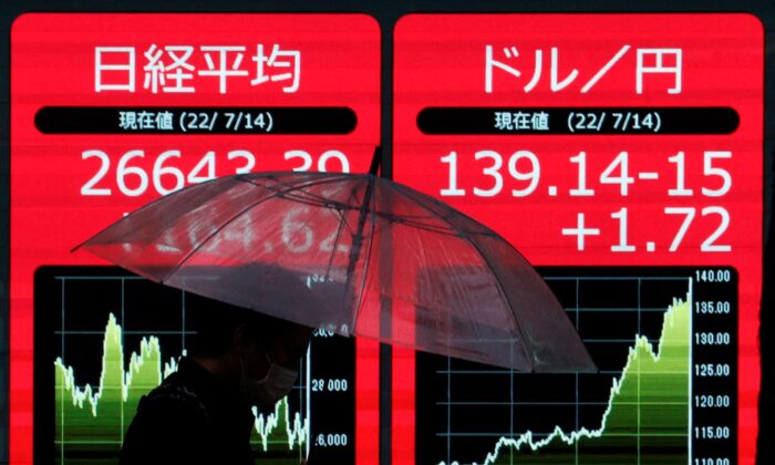 A man holding an umbrella is silhouetted as he walks in front of an electric monitor displaying the Japanese yen exchange rate against the U.S. dollar and Nikkei share average in Tokyo, Japan, on July 14, 2022. (Issei Kato/Reuters)