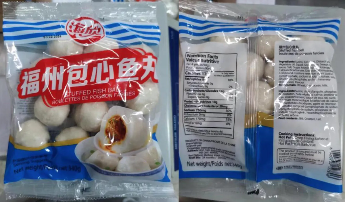 Xinpangao International Trade Corporation stuffed fish balls package is shown in the picture. (The Government of Canada)