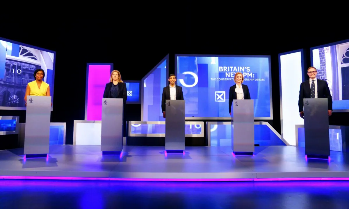 (L–R) Kemi Badenoch, Penny Mordaunt, Rishi Sunak, Liz Truss, and Tom Tugendhat before the live television debate for the candidates for leadership of the Conservative party, at Here East studios in Stratford, east London, on July 15, 2022. (Victoria Jones/PA Media)