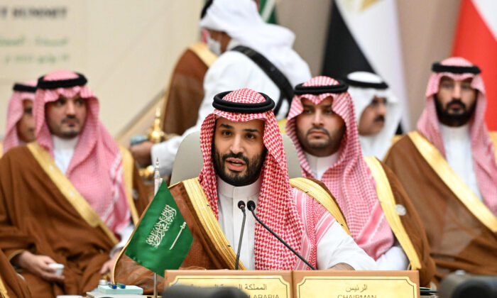 Saudi Crown Prince Mohammed bin Salman speaks during the Jeddah Security and Development Summit (GCC+3) at a hotel in Saudi Arabia's Red Sea coastal city of Jeddah on July 16, 2022. (Mandel Ngan/AFP via Getty Images)