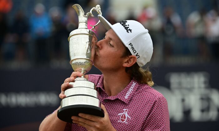 Australia's Cameron Smith kisses the Claret Jug, the trophy for the Champion golfer of the year, after winning the 150th British Open Golf Championship at the Old Course in St Andrews, Scotland, on July 17, 2022. (Andy Buchanan/AFP via Getty Images)