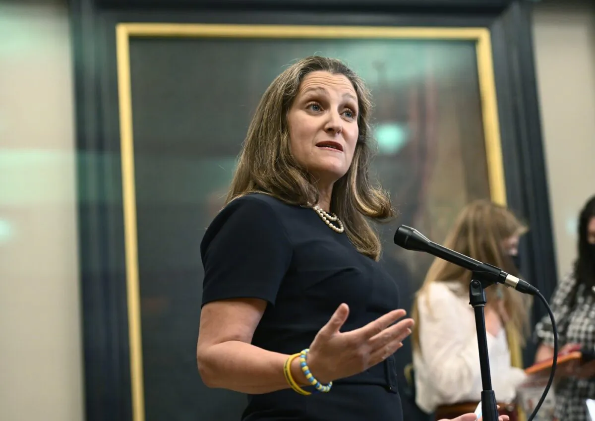 Deputy Prime Minister and Minister of Finance Chrystia Freeland speaks to reporters at the Parliament Hill in Ottawa on June 23, 2022. (Justin Tang/The Canadian Press)