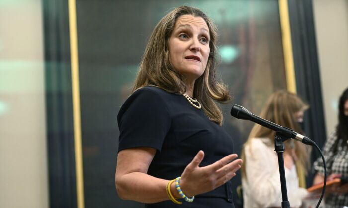 Deputy Prime Minister and Minister of Finance Chrystia Freeland speaks to reporters at the Parliament Hill in Ottawa on June 23, 2022. (The Canadian Press/Justin Tang)