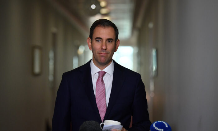 Then-Shadow Treasurer Jim Chalmers speaks to media during a doorstop in the Press Gallery at Parliament House in Canberra, Australia, on May 13, 2021. (Sam Mooy/Getty Images)