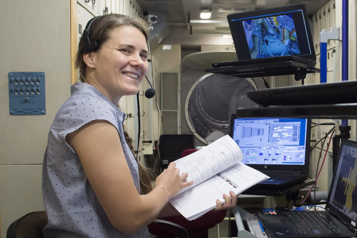 Russian space agency Russian cosmonaut Anna Kikina trains during preparation for space mission at the Gagarin Cosmonaut Training Centre (GCTC) in the Star City, outside Moscow, Russia, on July 8, 2022. (Irina Spektor, Gagarin Cosmonaut Training Centre (GCTC), Roscosmos space agency, via AP)