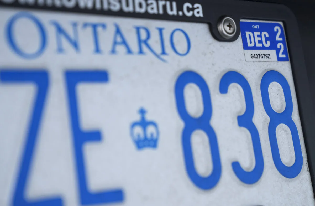 An Ontario provincial licence plate with a renewal sticker is shown in Mississauga, Ont., on Feb. 22, 2022. (The Canadian Press/Nathan Denette)