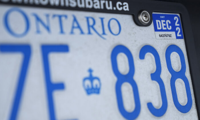 An Ontario provincial licence plate with a renewal sticker is shown in Mississauga, Ont., on Feb. 22, 2022. (The Canadian Press/Nathan Denette)