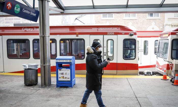 A man for transit in Calgary, Alta on March 18, 2020. (The Canadian Press/Jeff McIntosh)