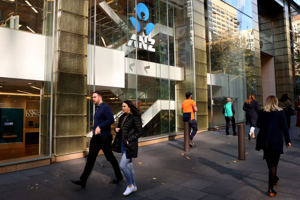 Commuters walk past an ANZ Bank branch in Martin Place in Sydney, Australia, on June 7, 2022. (Brendon Thorne/Getty Images)