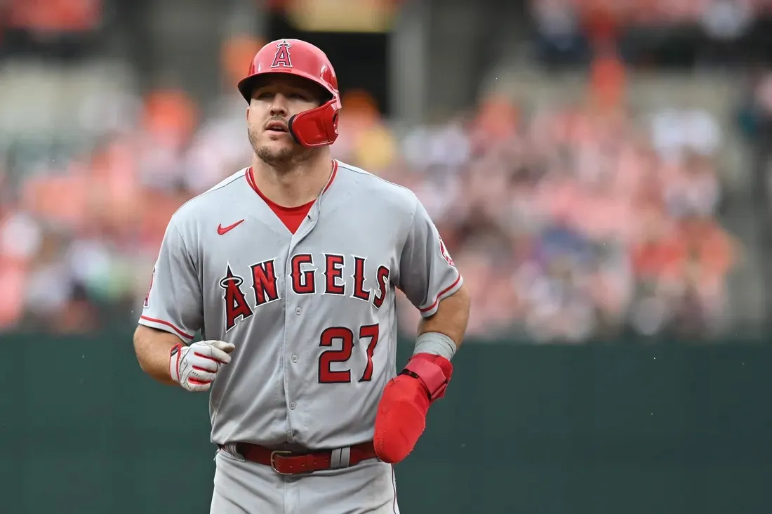 Los Angeles Angels center fielder Mike Trout (27) runs the bases during the third inning against the Baltimore Orioles at Oriole Park at Camden Yards in Baltimore, Md., on Jul 9, 2022. (Tommy Gilligan /USA TODAY Sports via Field Level Media)