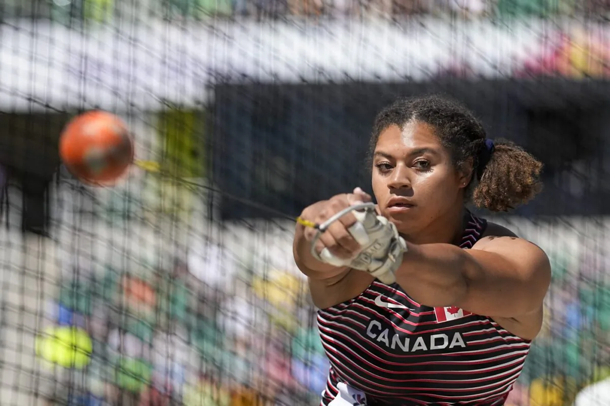 Camryn Rogers, of Canada, competes during the women's hammer throw final at the World Athletics Championships on July 17, 2022, in Eugene, Ore. (THE CANADIAN PRESS/AP/David J. Phillip)