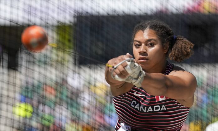 Camryn Rogers, of Canada, competes during the women's hammer throw final at the World Athletics Championships on July 17, 2022, in Eugene, Ore. (THE CANADIAN PRESS/AP/David J. Phillip)