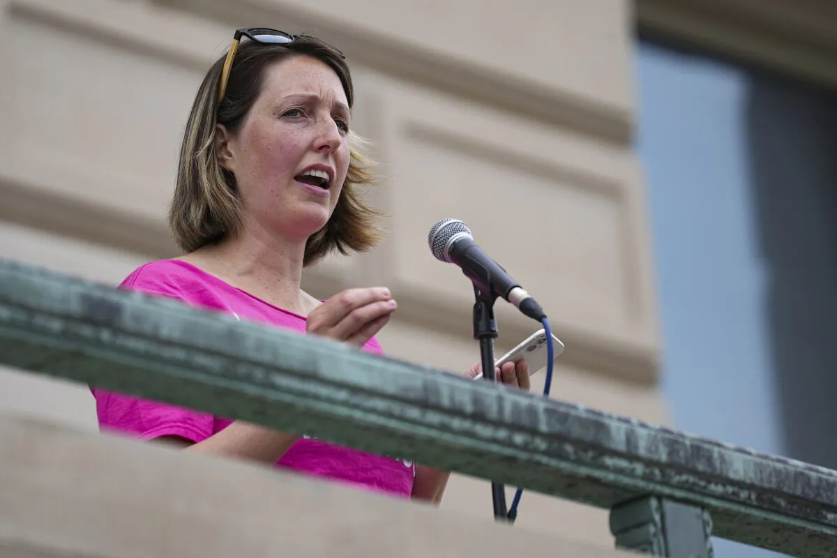 Indiana University doctor Caitlin Bernard speaks during a rally in Indianapolis, Ind., on June 25, 2022. (Jenna Watson/The Indianapolis Star via AP)