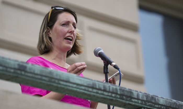 Indiana University Dr. Caitlin Bernard speaks during a rally in Indianapolis, Ind., on June 25, 2022. (Jenna Watson/The Indianapolis Star via AP)