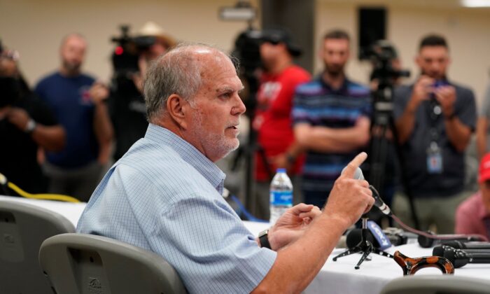Uvalde Mayor Don McLaughlin speaks to the media following a news conference where the Texas House investigative committee released its full report on the shooting at Robb Elementary School in Uvalde, Texas, on July 17, 2022. (Eric Gay/AP Photo)