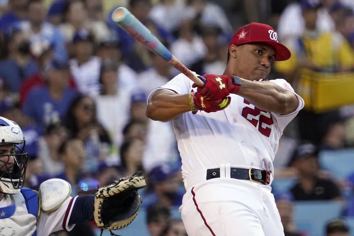 National League's Juan Soto, of the Washington Nationals, bats during the MLB All-Star baseball Home Run Derby in Los Angeles on July 18, 2022. (Mark J. Terrill/AP Photo)