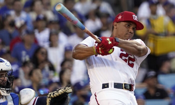 National League's Juan Soto, of the Washington Nationals, bats during the MLB All-Star baseball Home Run Derby in Los Angeles on July 18, 2022. (Mark J. Terrill/AP Photo)