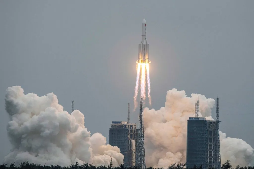 A Long March 5B rocket, carrying China’s Tianhe space station core module, lifts off from the Wenchang Space Launch Center in southern China’s Hainan province on April 29, 2021. (STR/AFP via Getty Images)