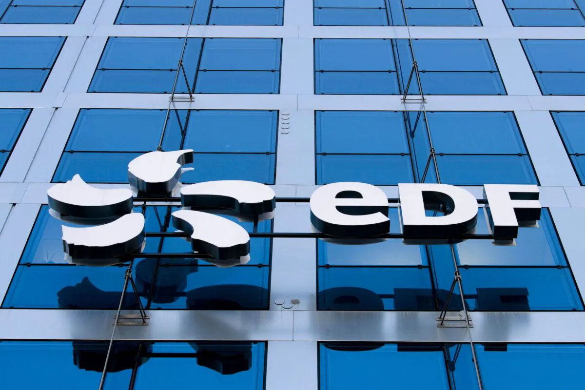 The logo of EDF on the headquarters' building in Paris, on Feb. 15, 2019. (Alain Jocard/AFP via Getty Images)