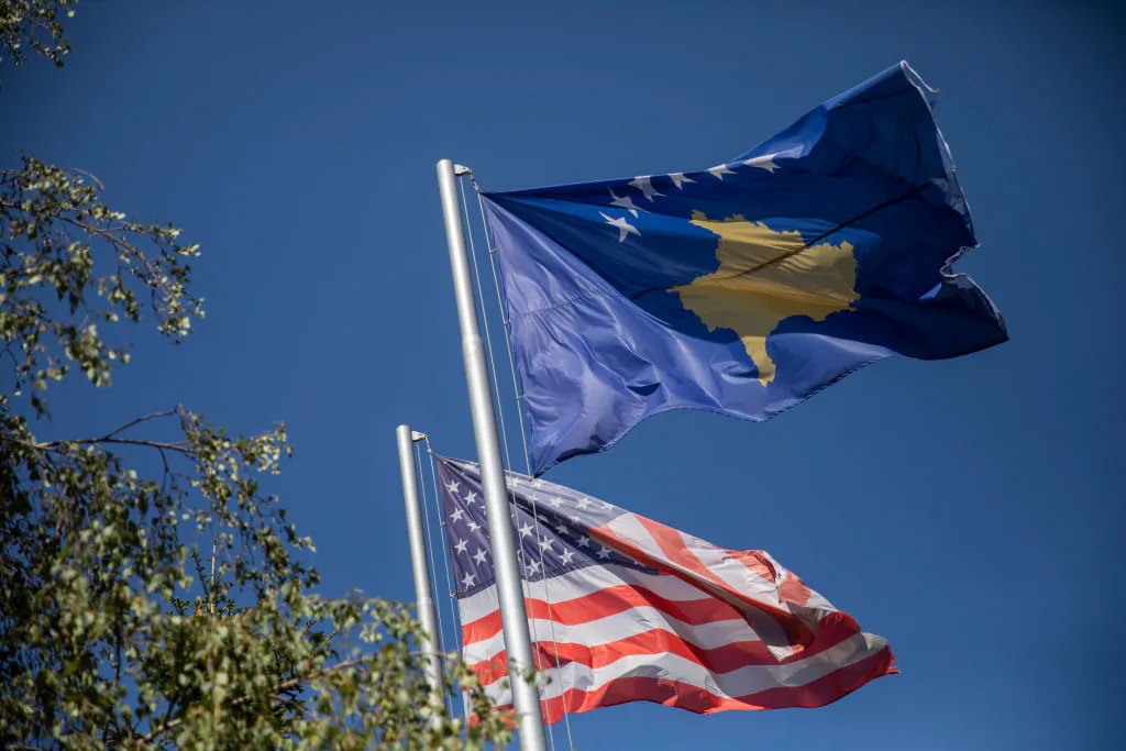 Kosovo and American flags wave in city center in Pristina, Kosovo, on June 29, 2020. (Ferdi Limani/Getty Images)