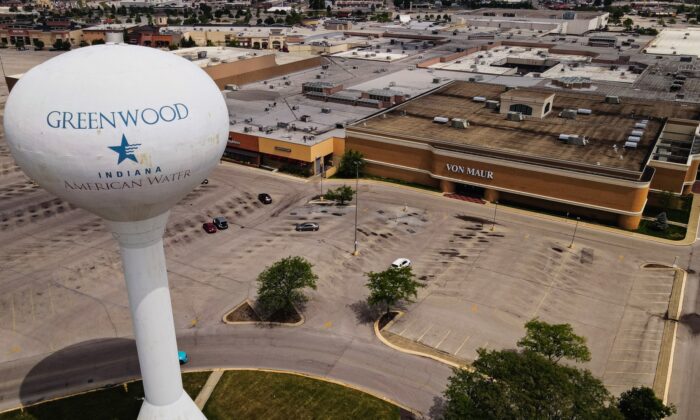 In this aerial view, a water tower is seen outside of the Greenwood Park Mall  in Indiana on July 18, 2022. (Jon Cherry/Getty Images)