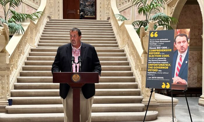 Pennsylvania state Rep. Seth Grove, a Republican, talks about his report on problems with Pennsylvania election systems in the capitol building in Harrisburg on July 19, 2022. (Courtesy of Rep. Seth Grove)