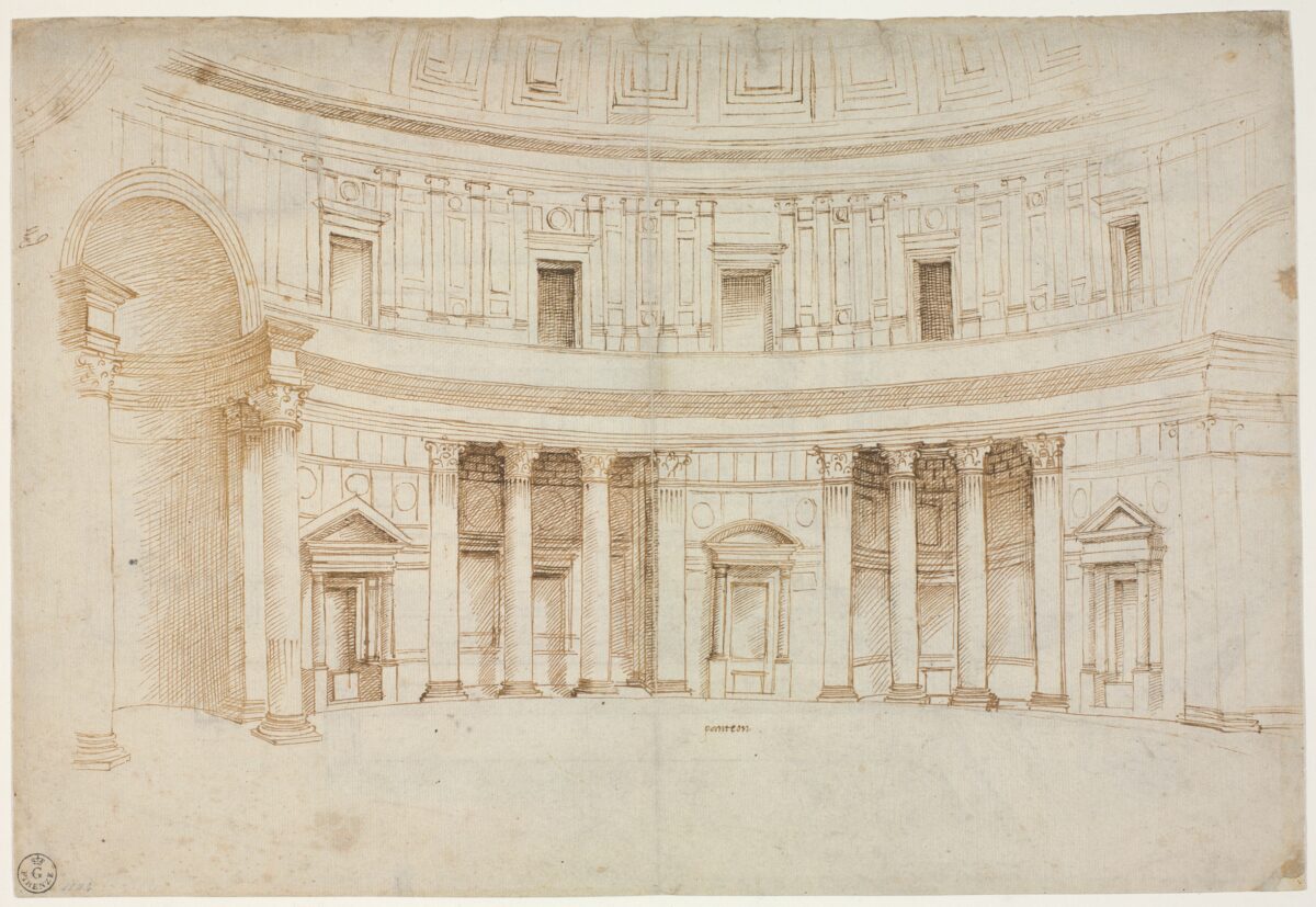 Interior of the Pantheon (recto), circa 1506–7, by Raphael. Pen and two different shades of brown ink, over traces of stylus indentation and limited use of a ruler; 10 7/8 inches by 16 inches. Gabinetto dei Disegni e delle Stampe, Gallerie degli Uffizi, Florence, Italy. (Gabinetto Fotografico delle Gallerie degli Uffizi)