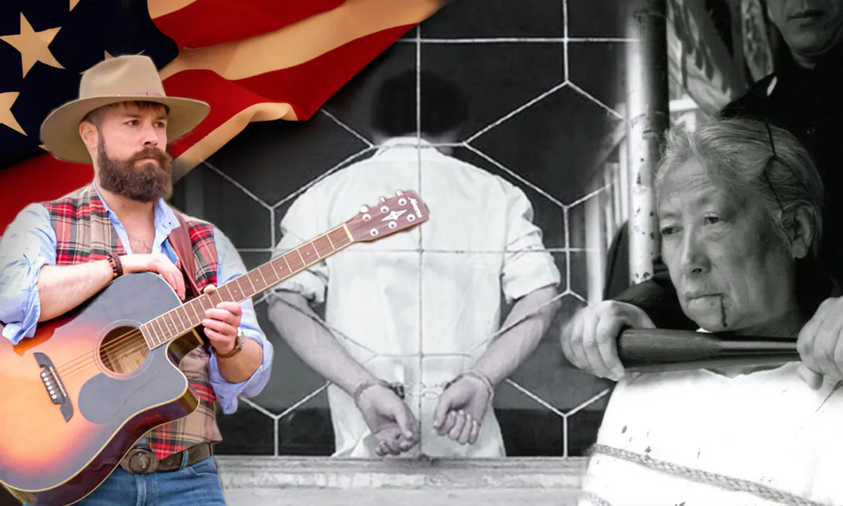 American flag (Supagrit Ninkaesorn/Shutterstock); Singer-songwriter James H. White (Courtesy of Ying Shakespeare); Torture reenactment (Minghui.org)