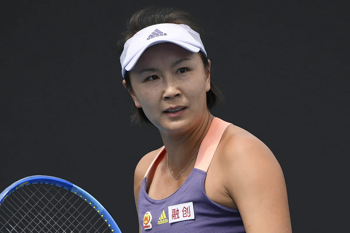 China's Peng Shuai reacts during her first round singles match against Japan's Nao Hibino at the Australian Open tennis championship in Melbourne, Australia on Jan. 21, 2020. Four activists wearing “Where is Peng Shuai?” T-shirts were stopped by security at Wimbledon on July 4, 2022 and had their bags searched. Peng is a retired professional tennis player from China who last year accused a former high-ranking member of the country’s ruling Communist Party of sexual assault. (Andy Brownbill/AP Photo)