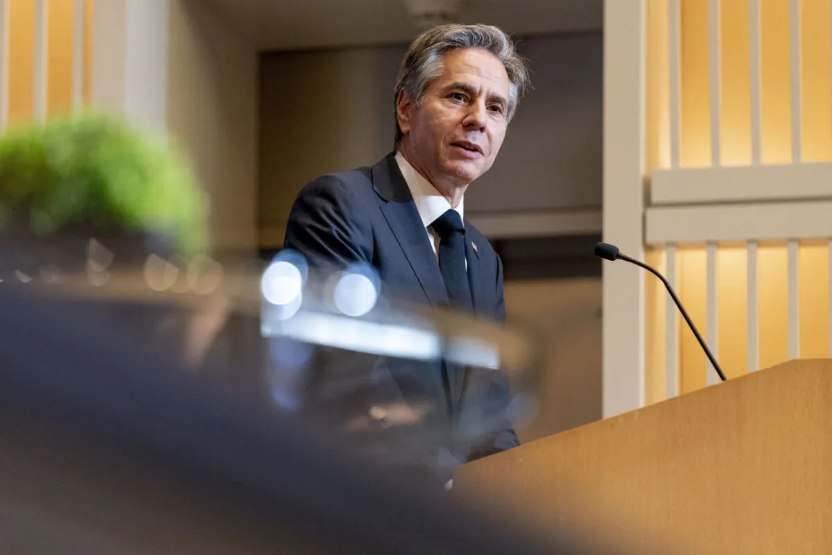 Secretary of State Antony Blinken speaks at the launch of the U.S.–Afghan Consultative Mechanism with Special Envoy for Afghan Women, Girls, and Human Rights Rina Amiri, at the U.S. Institute of Peace in Washington on July 28, 2022. (Andrew Harnik/Pool/AP Photo)