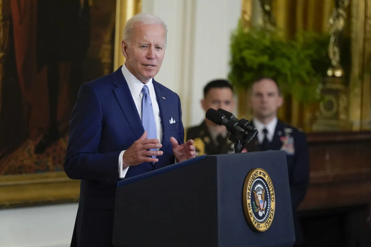 President Joe Biden speaks during a Medal of Honor ceremony in the East Room of the White House on July 5, 2022. (Evan Vucci/AP Photo)