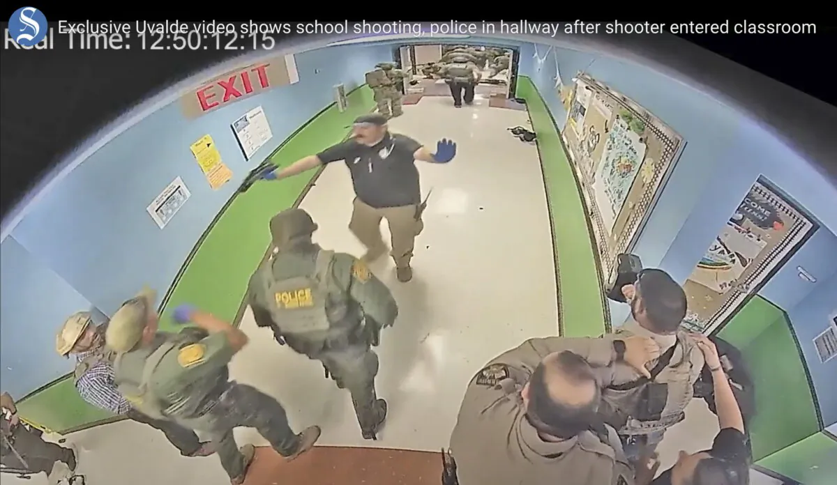 Authorities respond to the shooting at Robb Elementary School in Uvalde, Texas, on May 24, 2022. (Uvalde Consolidated Independent School District/Austin American-Statesman via AP)